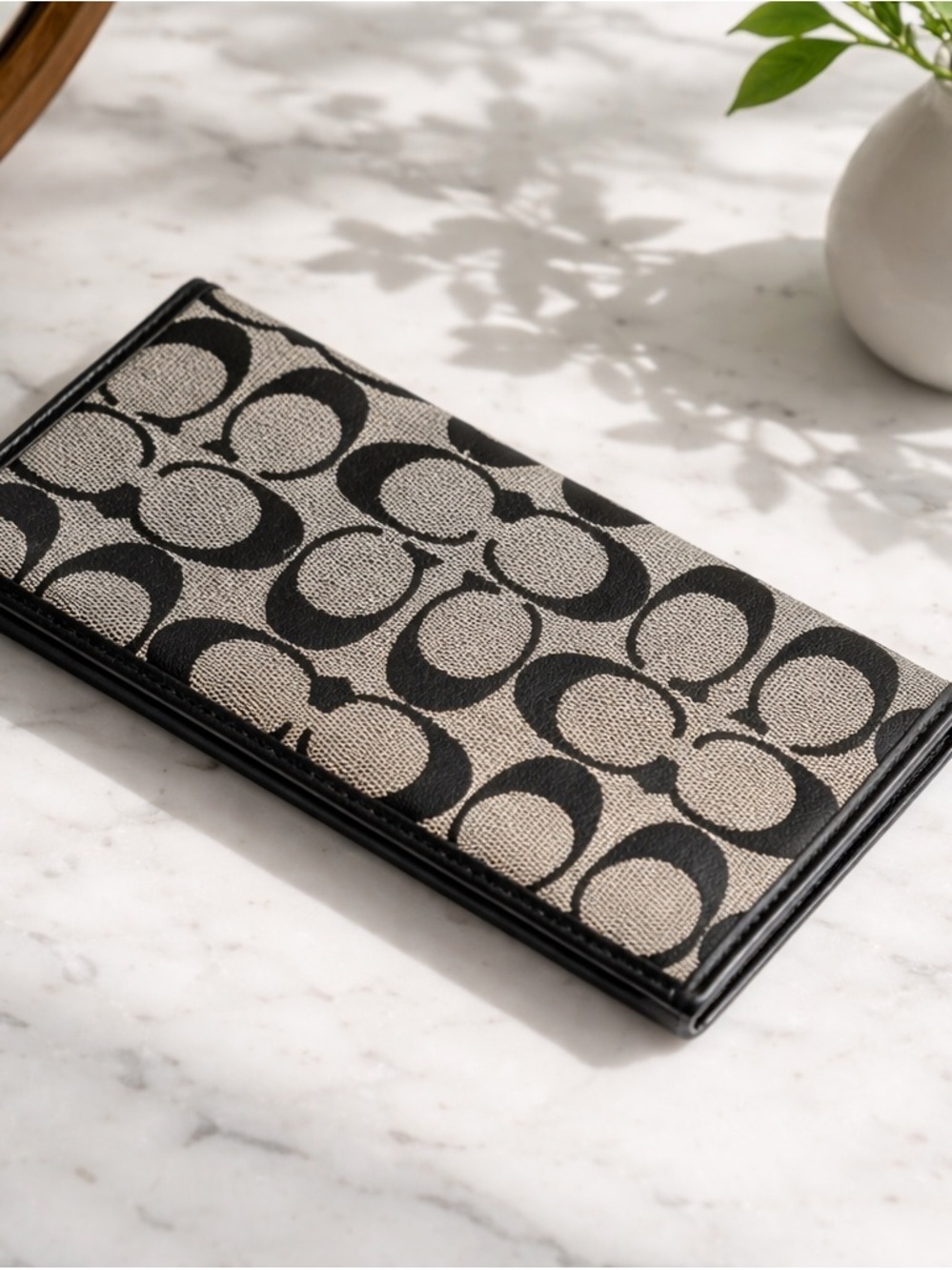 Designer-Style Monogram Long Wallet in Black and Beige